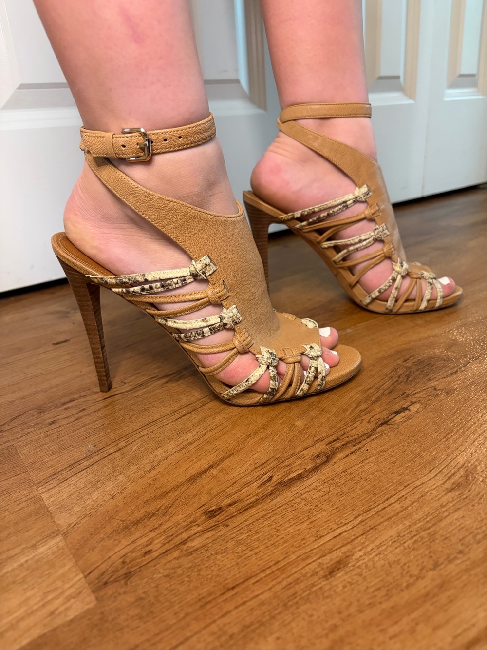Coach Tan Strappy High Heel Sandals with Snakeskin Accents